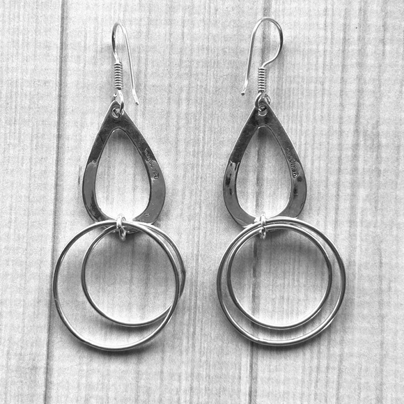 925 Sterling Silver Hammered Circle Double Dangle Earrings - Picture 11 of 13